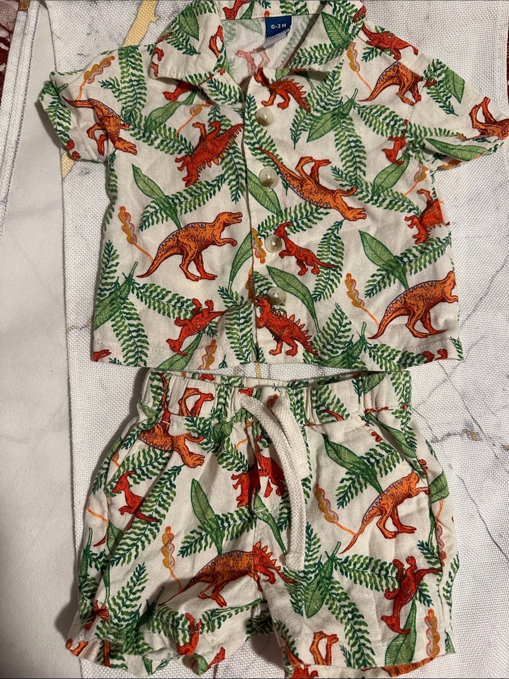 Old Navy Cream Dinosaur Short Sleeve Pajama Set with Orange & Green Print